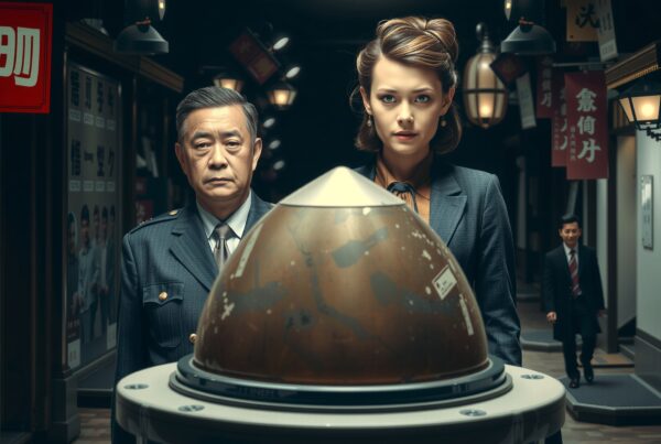 A formal man and woman stand by a conical object in a hall with Chinese signs.