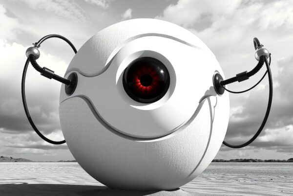 Spherical robot with red eye in a desert, highlighting advanced technology amidst nature.