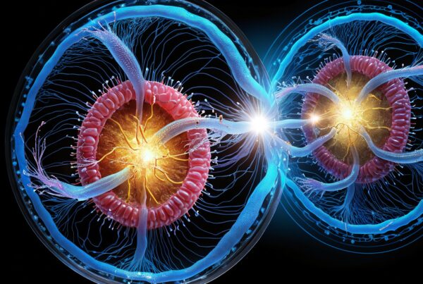 A digital depiction of two interconnected, glowing neuron-like structures with vivid colors and intricate details.