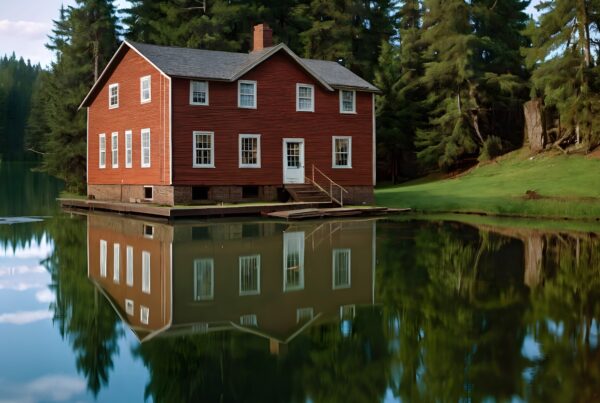 A rustic red house by a lake with reflections in still water surrounded by forest.