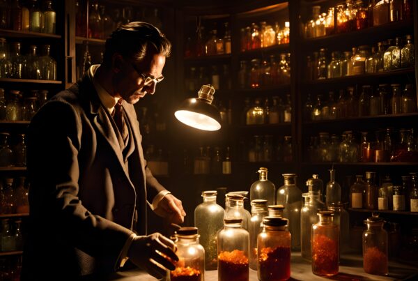 A man examines bottles in a dimly lit apothecary with vintage charm.