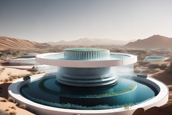 Innovative architectural structure in a desert landscape with cascading water elements and circular design.