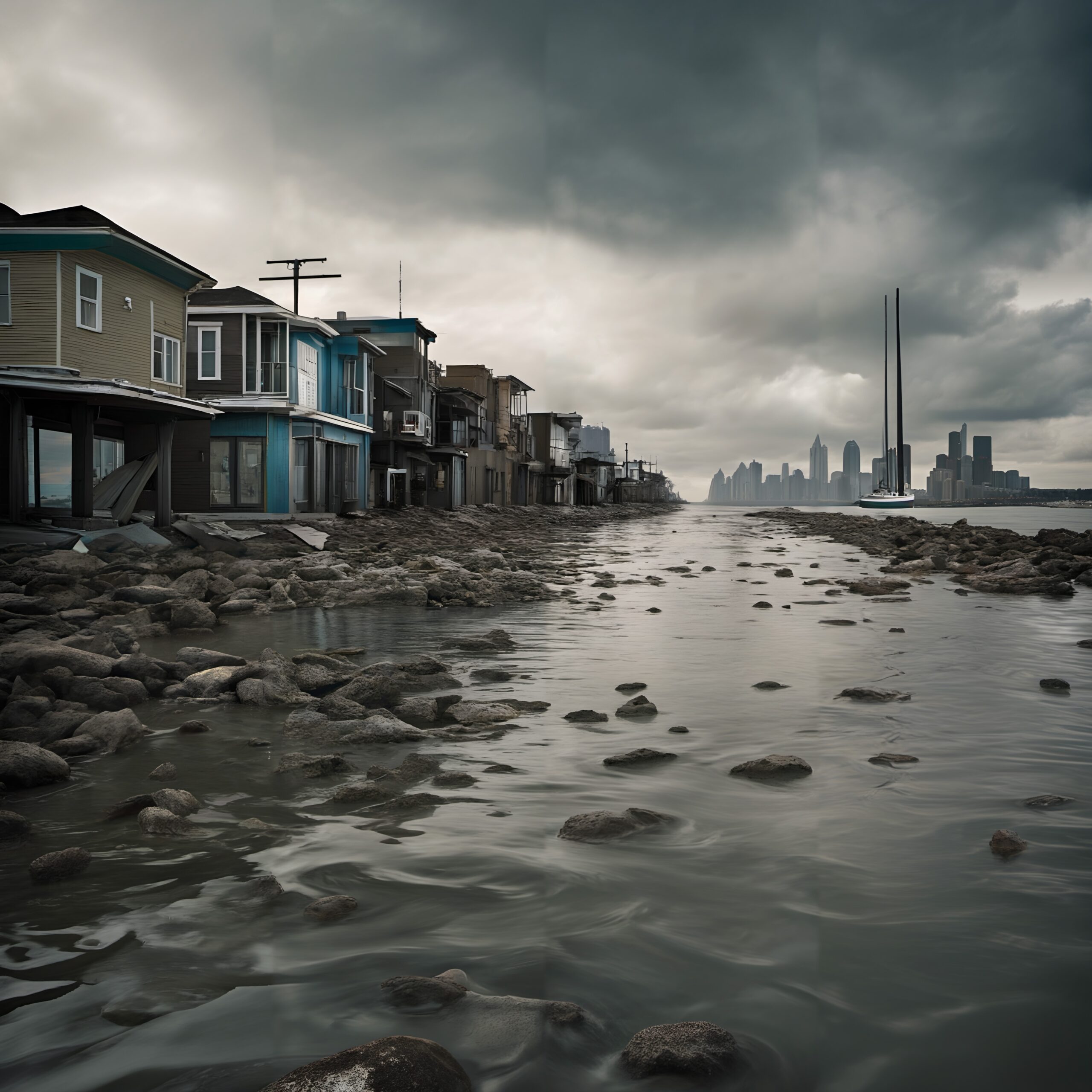 Shoreline Houses and Cityscape Clouds