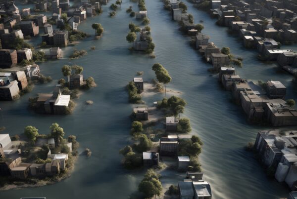 An aerial view of a city submerged in water, showcasing buildings and trees emerging through flooded streets under sunlight.