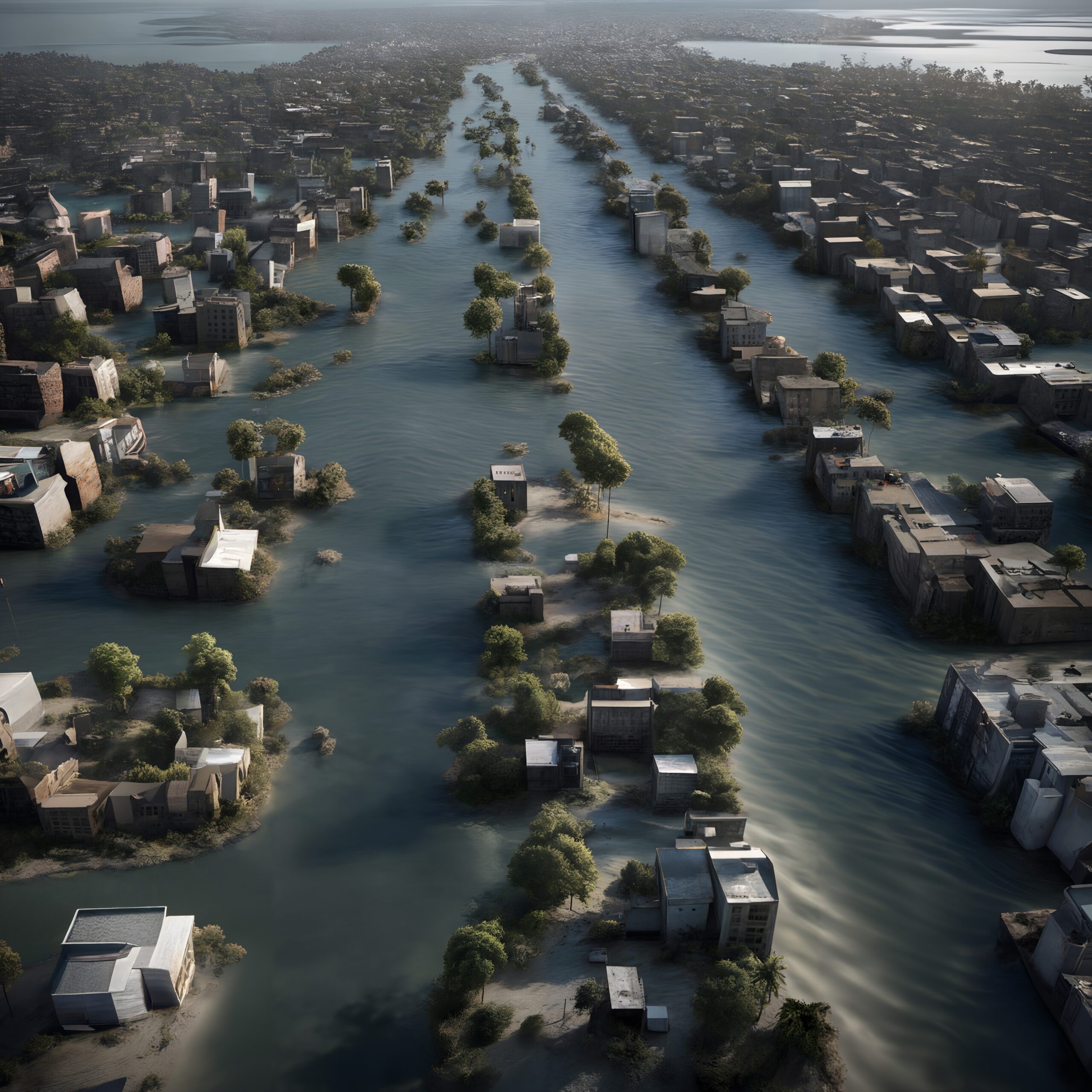 Flooded City Streets and Buildings