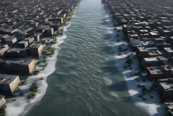 Aerial view of a city bisected by a river under an overcast sky.