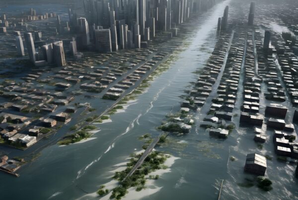 A modern city partially submerged in water with towering skyscrapers against stormy skies.