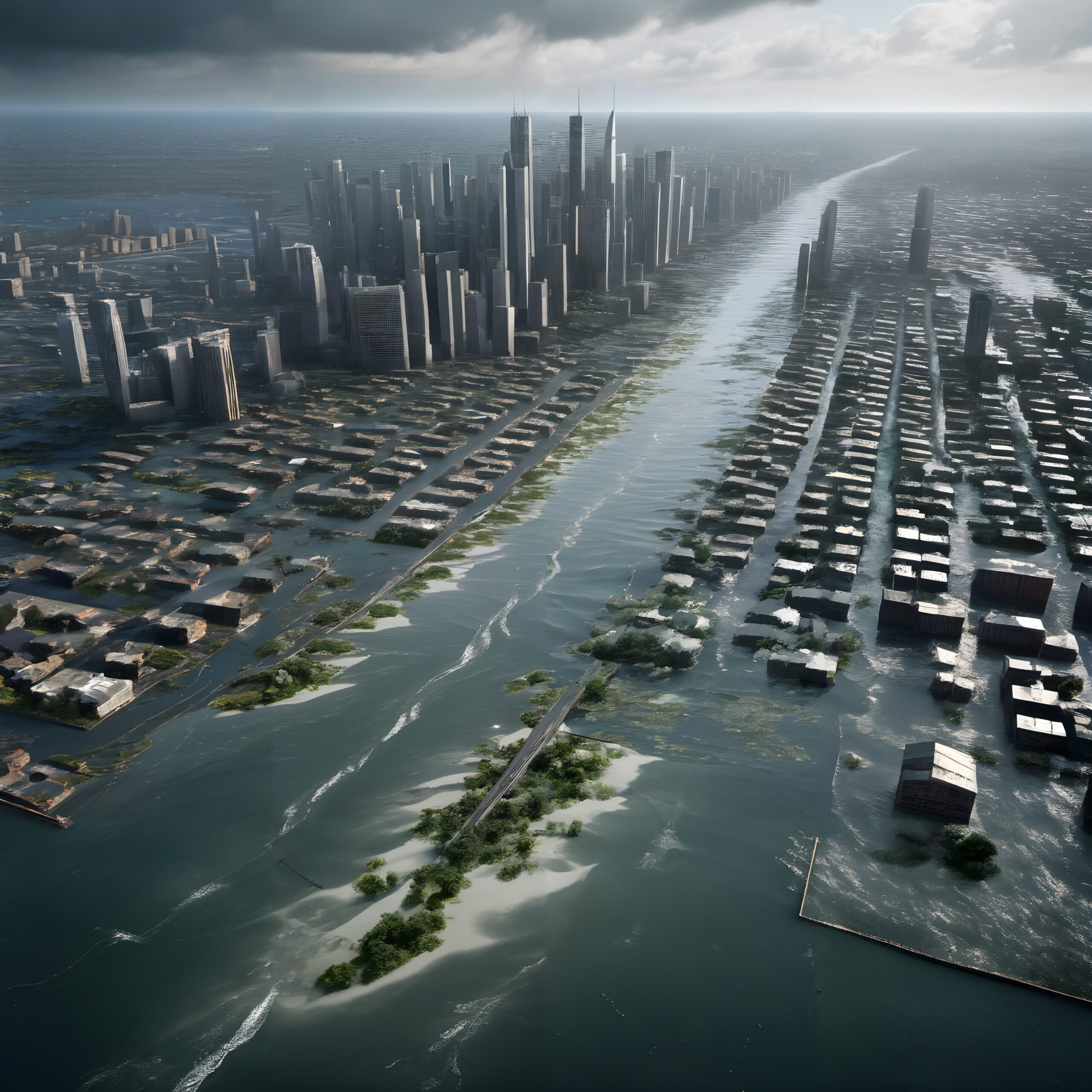 Flooded Modern Cityscape Under Clouds