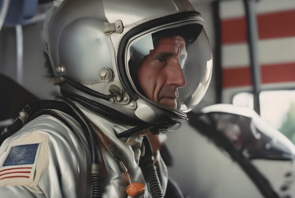 Astronaut in a spacecraft wearing a classic space suit with helmet and American flag patch on sleeve preparing for a mission.