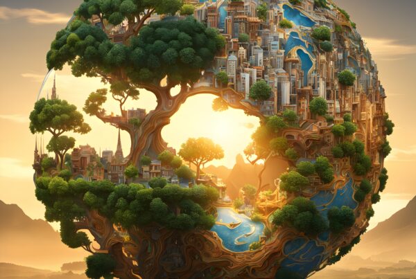 A harmonious blend of nature and cityscape on a spherical structure bathed in sunset light.