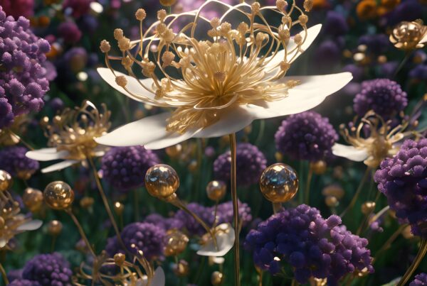 A golden flower amidst vibrant purple blossoms in an enchanted garden.
