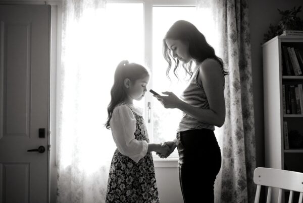 A woman and girl share a moment holding hands by a window in a calm, warmly lit room.