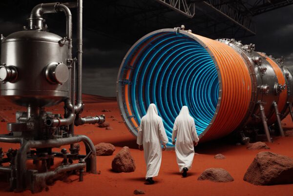 Two figures enter futuristic tunnel on Mars-like terrain, evoking exploration and mystery.