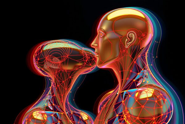 Abstract humanoid figures with luminous circuitry representing a futuristic connection.