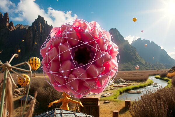 A surreal landscape featuring a pink geometric structure, hot air balloons, and distant mountains under a bright blue sky.