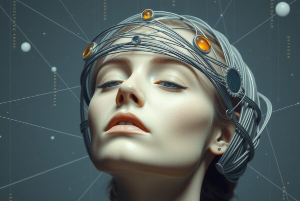 Futuristic woman wearing a high-tech headpiece with cosmic motifs.