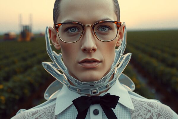 A person wearing a futuristic collar and vintage glasses stands against a field at sunset.