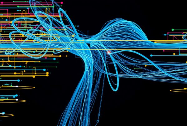 Abstract digital artwork depicting vibrant lines and circles in interconnected patterns against a black background.