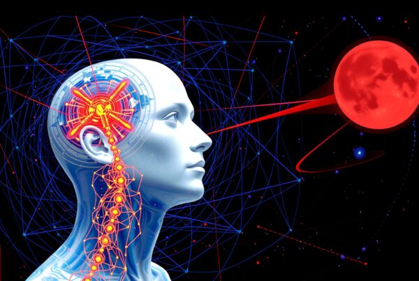 A blue humanoid figure with visible circuitry connects to a red sphere through a beam, symbolizing futuristic neural networks.