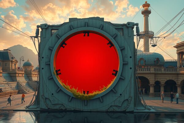 A colossal structure with a red center resembling a clock tower dominates a picturesque town square under a vibrant sky, with mountains looming in the background.