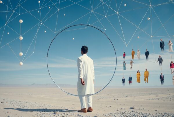 A man in white faces a large circular structure in a barren desert, under a geometric network of lines and spheres, with various floating figures in colorful attire nearby.