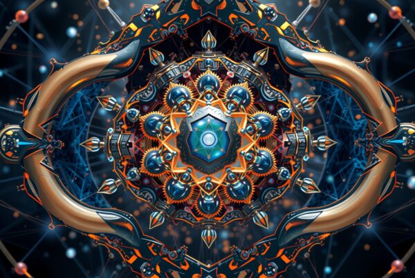 A vibrant digital mandala with geometric, mechanical designs in orange, blue, and silver, set against a networked background.