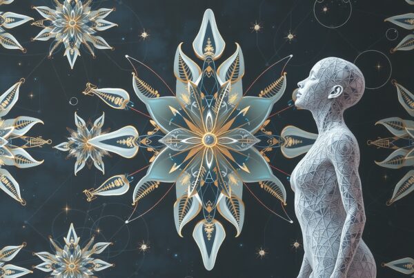 Futuristic humanoid with symmetrical geometric pattern background.