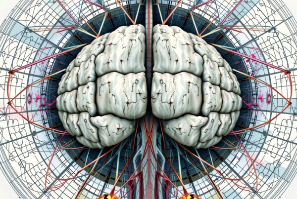 Artistic illustration of a futuristic human brain surrounded by colorful networks and geometric designs.