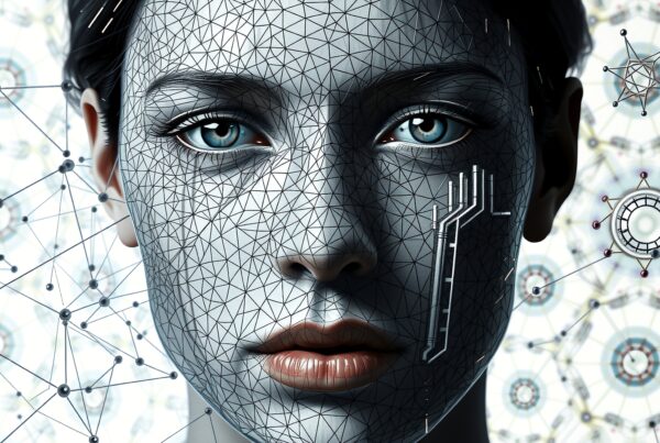A detailed portrayal of a futuristic, geometric-patterned face blending human and technology elements.