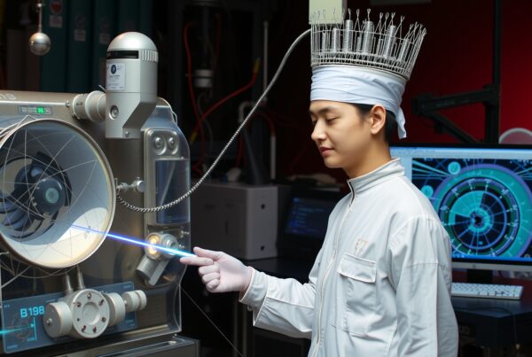 A person interacts with futuristic lab equipment, wearing unique headgear and gloves, under a sci-fi atmosphere.