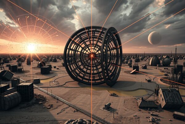 Surreal desert landscape with futuristic spherical structure and industrial elements at sunset.