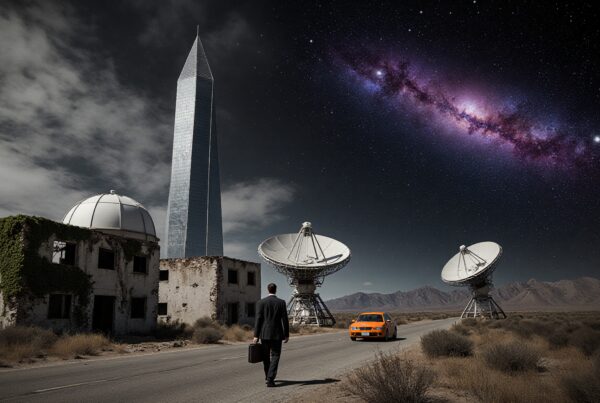 A man in a suit stands beside an orange car on a remote road with satellite dishes and a galaxy-filled sky.