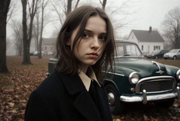 A young woman stands pensively in front of a classic green car amidst a misty autumn setting.