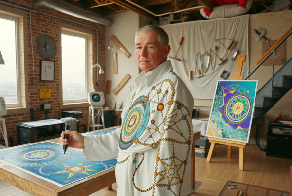 A person in artistic attire works on a colorful geometric design in a bright, modern studio with brick walls and unique decor.