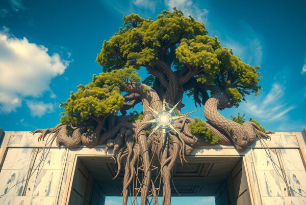 A giant tree entwines with a marble structure under a clear sky, featuring an ornate central decoration.