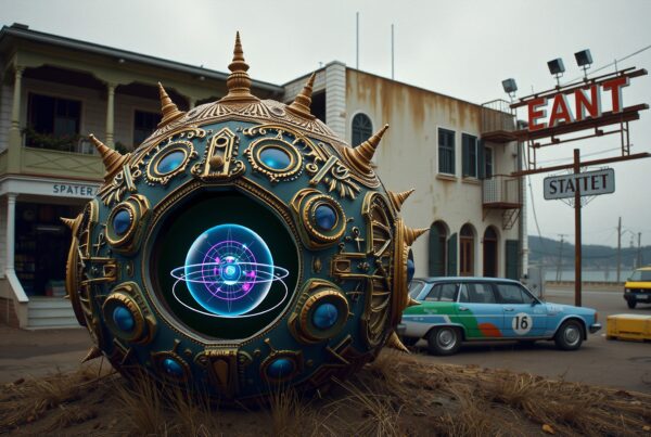Orb with holographic core in vintage town setting.