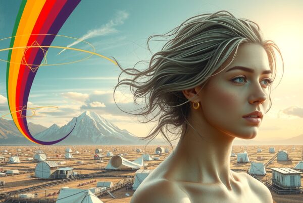 Portrait of a serene woman against a surreal landscape with a rainbow and mountains.