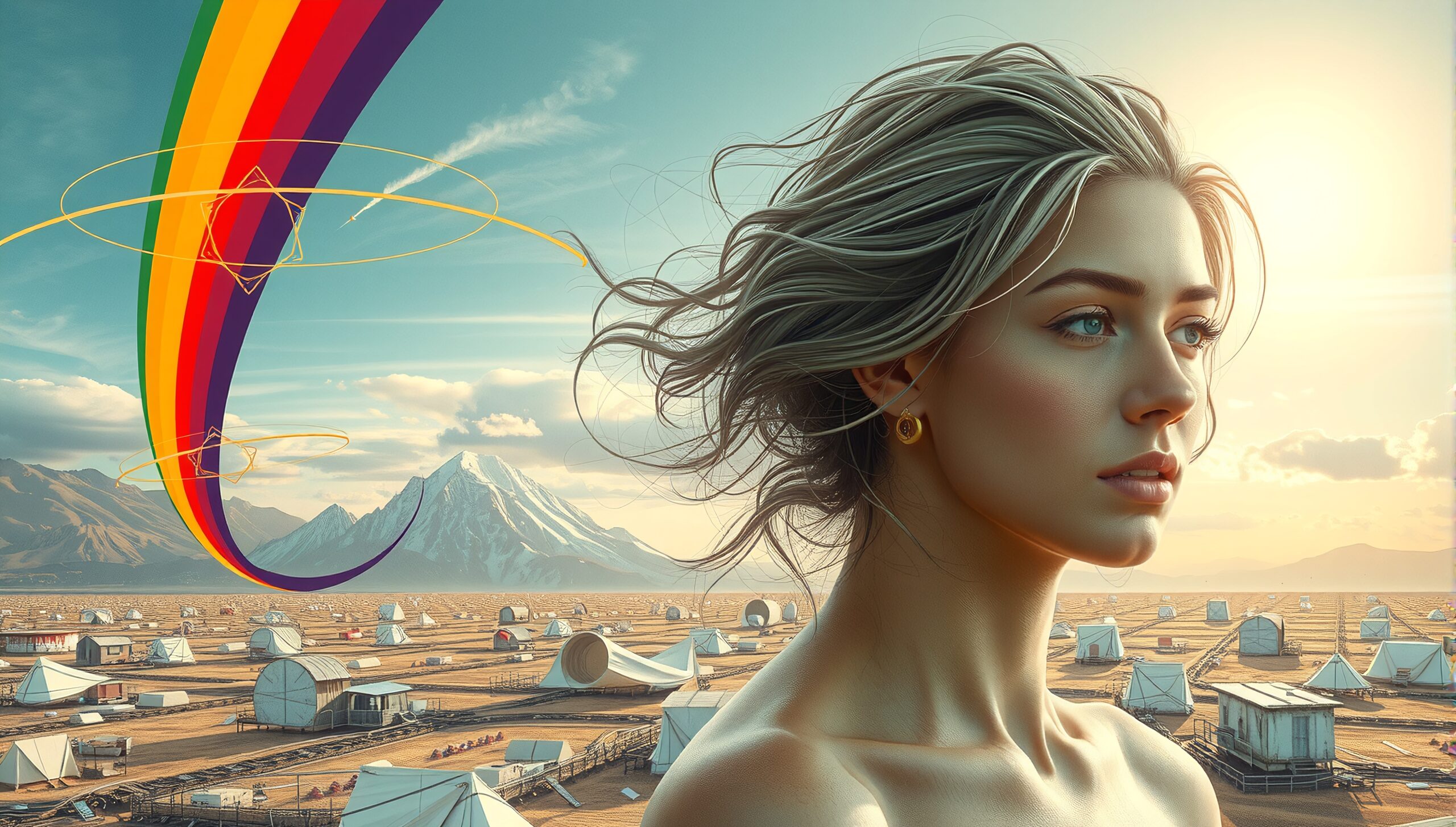 Serene Woman and Rainbow Landscape