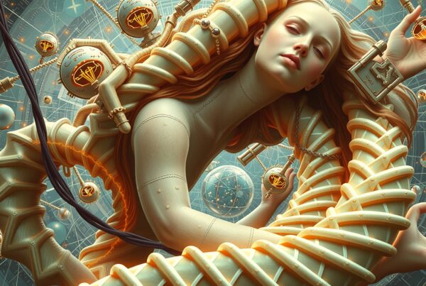 Surreal futuristic humanoid in mechanical elegance.