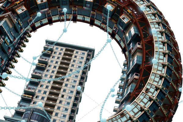Surreal architectural loop with futuristic buildings.