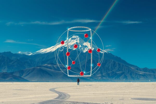 A surreal landscape with mountains and geometric design.