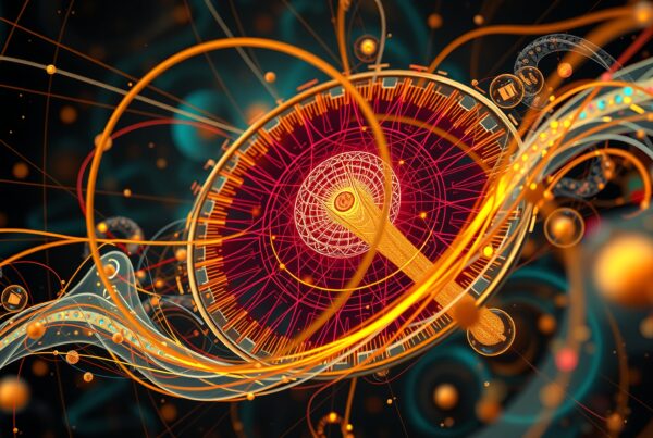 Futuristic geometric artwork with vibrant colors and intricate patterns.