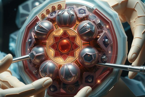 Futuristic device held by robotic hands in a high-tech setting.