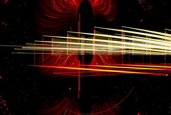 Abstract digital art featuring swirling red, black, and yellow elements creating dynamic energy against a cosmic backdrop.