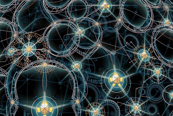 A glowing, intricate design with interconnected gears and circles.