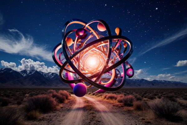 A glowing orb hovers above a desert landscape at night.