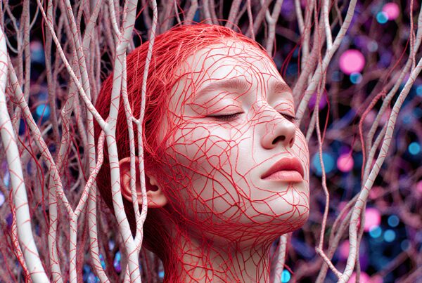 A tranquil figure with closed eyes, intertwined with intricate red lines and white branches against a vibrant, ethereal background.