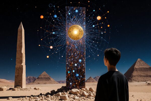 A young individual observes a futuristic monument with digital networks against a backdrop of pyramids and obelisks under a starry desert sky.