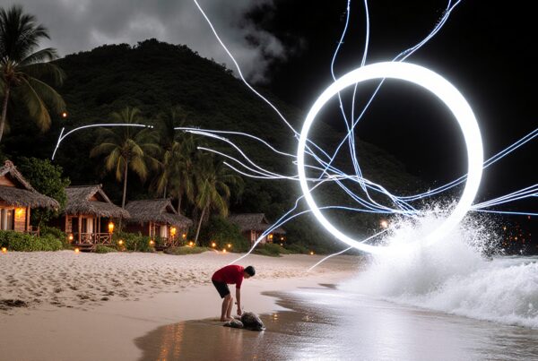 Tropical beach at night with glowing circle and huts.