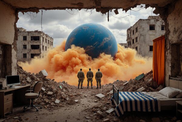 Three soldiers gaze at surreal scene.